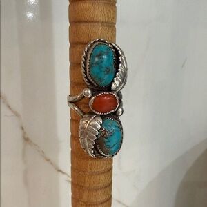 Vintage Native Sterling Silver Turquoise and Coral Leaf Ring Artist Stamped